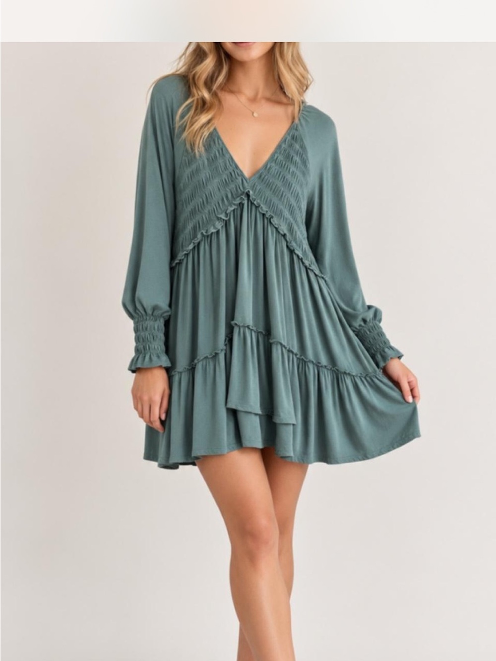 DAVI & DANI Sage Green V-Neck Smocked Tiered Mini Dress